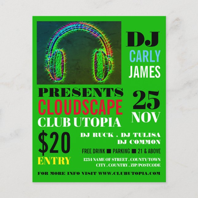 Headphones, DJ, Club Event Advertising Flyer (Front)