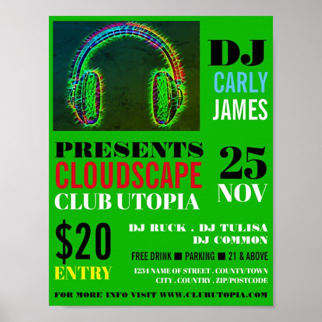 Headphones, DJ, Club Event Advertising Poster (Front)