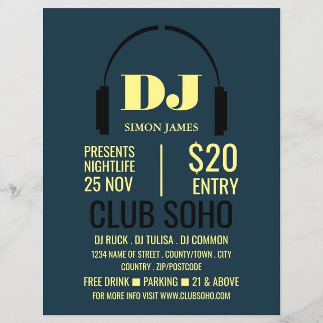 Headphones Logo, DJ, Club Event Advertising Flyer (Front)