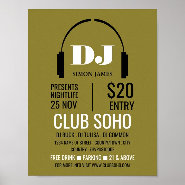 Headphones Logo, DJ, Club Event Advertising Poster (Front)