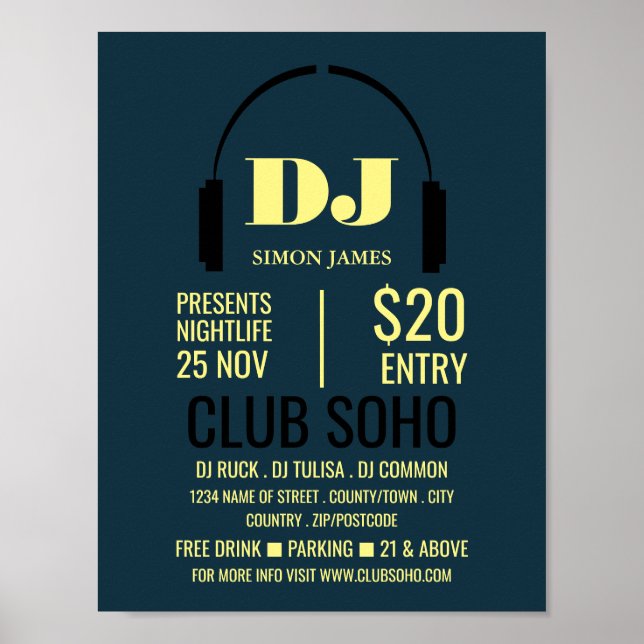 Headphones Logo, DJ, Club Event Advertising Poster (Front)