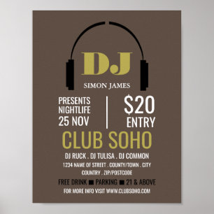 Headphones Logo, DJ, Club Event Advertising Poster