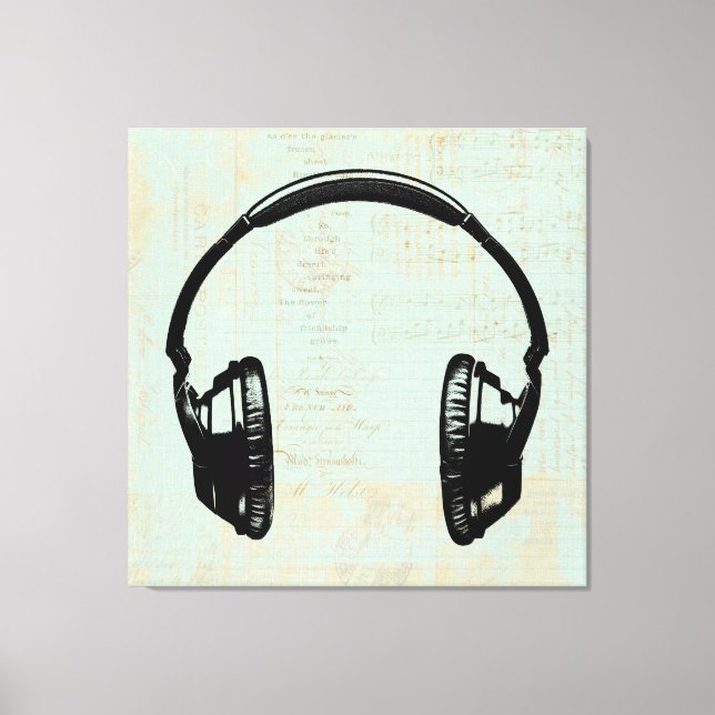 Headphones Music Illustration Vintage Mint Green Canvas Print (Front)