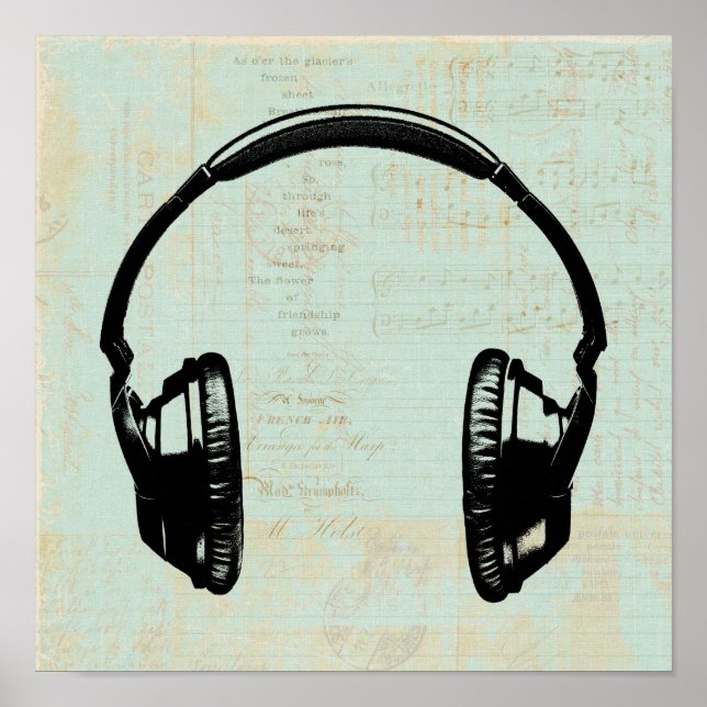 Headphones Music Illustration Vintage Mint Green Poster (Front)