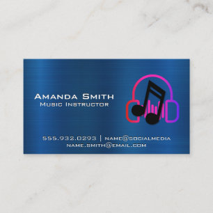 Headphones Music Note   Blue Metallic Business Card