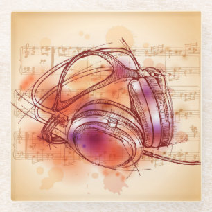 Headphones on a watercolor background & notes glass coaster