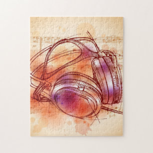 Headphones on a watercolor background & notes jigsaw puzzle