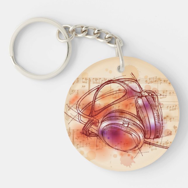 Headphones on a watercolor background & notes key ring (Front)