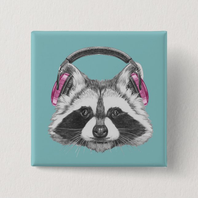 Headphones Racoon 15 Cm Square Badge (Front)