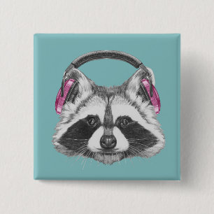 Headphones Racoon 15 Cm Square Badge