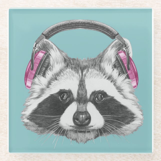 Headphones Racoon Glass Coaster (Front)