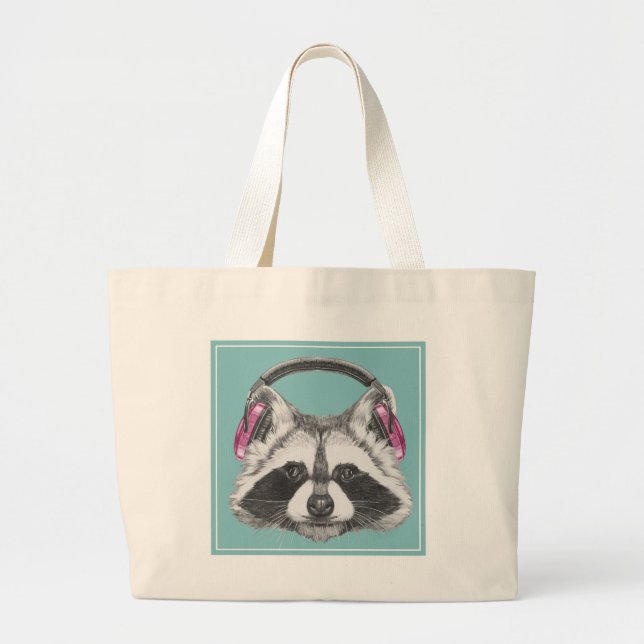 Headphones Racoon Large Tote Bag (Front)