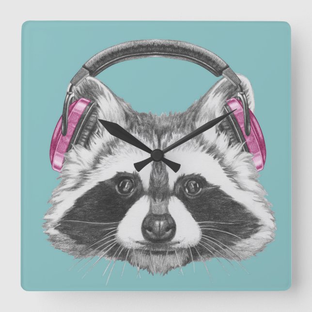 Headphones Racoon Square Wall Clock (Front)