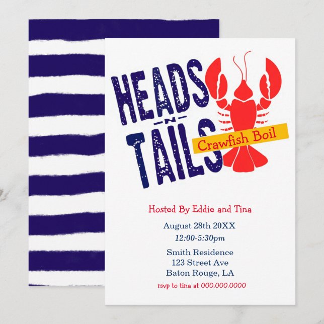Heads N Tails Crawfish Boil Party  Invitation (Front/Back)