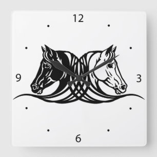 heads of black and white horses square wall clock