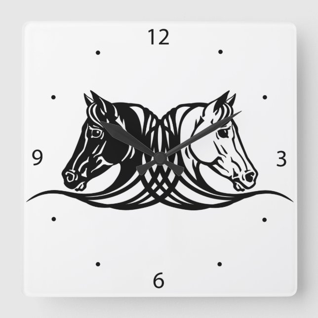 heads of black and white horses square wall clock (Front)