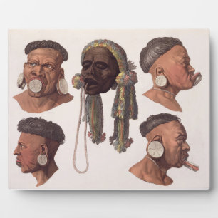 Heads of Botocudos Indians (colour engraving) Plaque