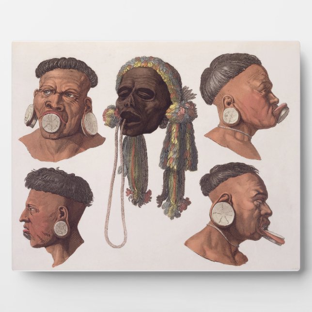 Heads of Botocudos Indians (colour engraving) Plaque (Front)
