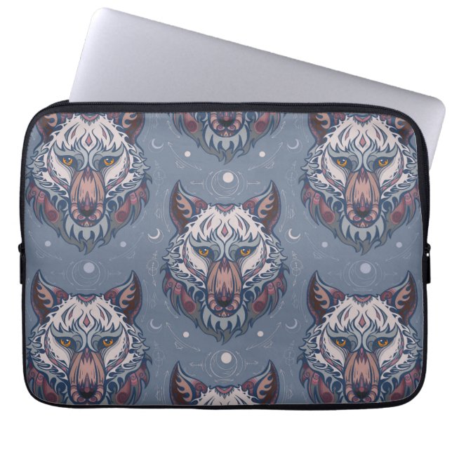 Heads of wolves with boho decoration  laptop sleeve (Front)