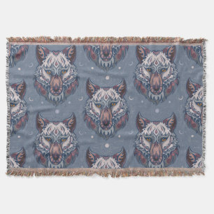 Heads of wolves with boho decoration  throw blanket