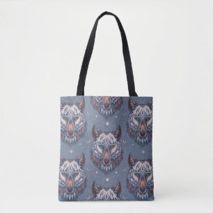 Heads of wolves with boho decoration  tote bag