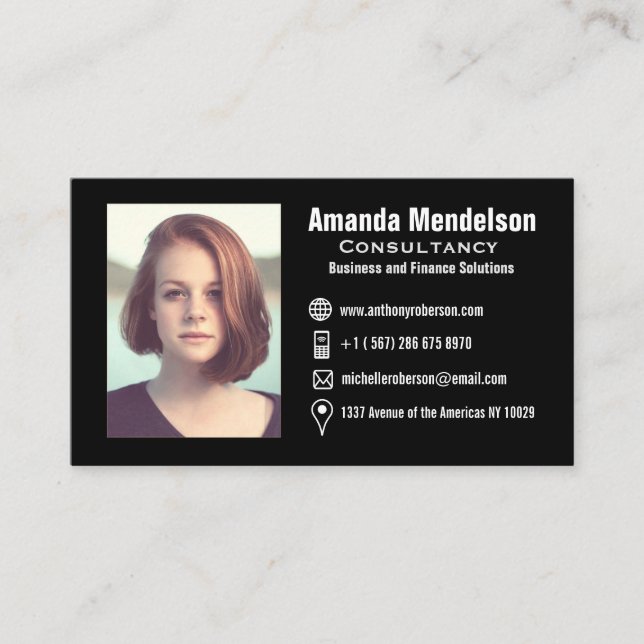 Headshot and social media icons business card (Front)