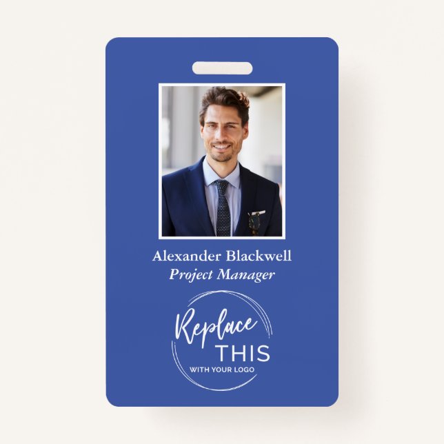 Headshot Custom Corporate Logo Employee Blue ID Badge (Front)