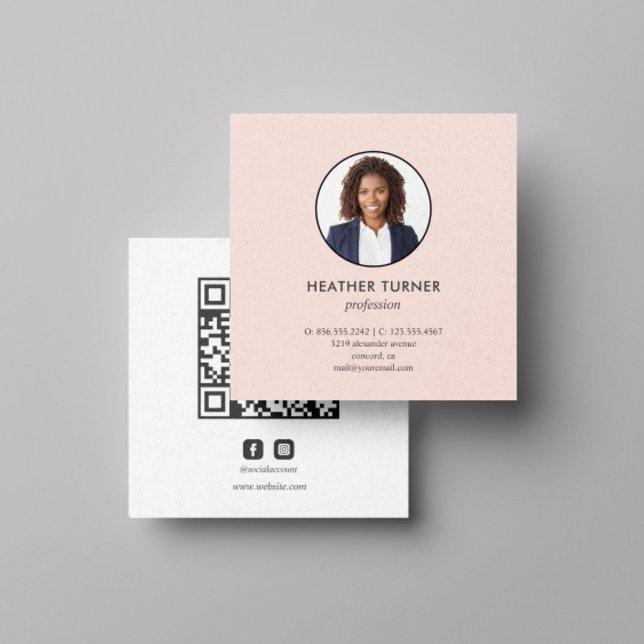 Headshot Photo QR CODE or Logo Professional  Pink Square Business Card (Professional Business card with photo and QR CODE OR LOGO. FOR ANY KIND OF PROFESSIONALS. )