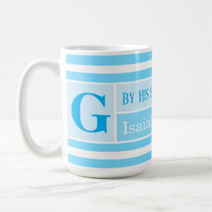 Healing Bible Verse Blue and White Striped Initial Coffee Mug