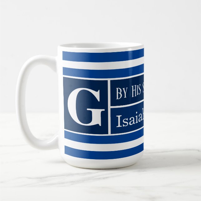 Healing Bible Verse Navy Blue Striped Initial Coffee Mug (Left)