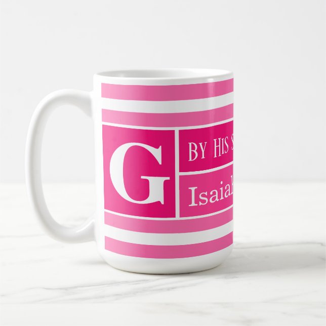 Healing Bible Verse Pink and White Striped Initial Coffee Mug (Left)