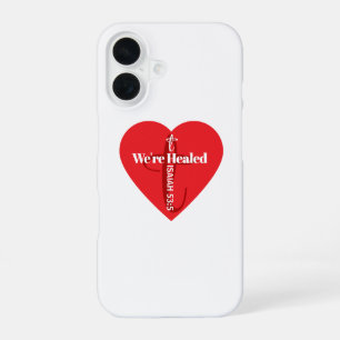 Healing Bible Verse Red Heart Cross Simple White iPhone 16 Case