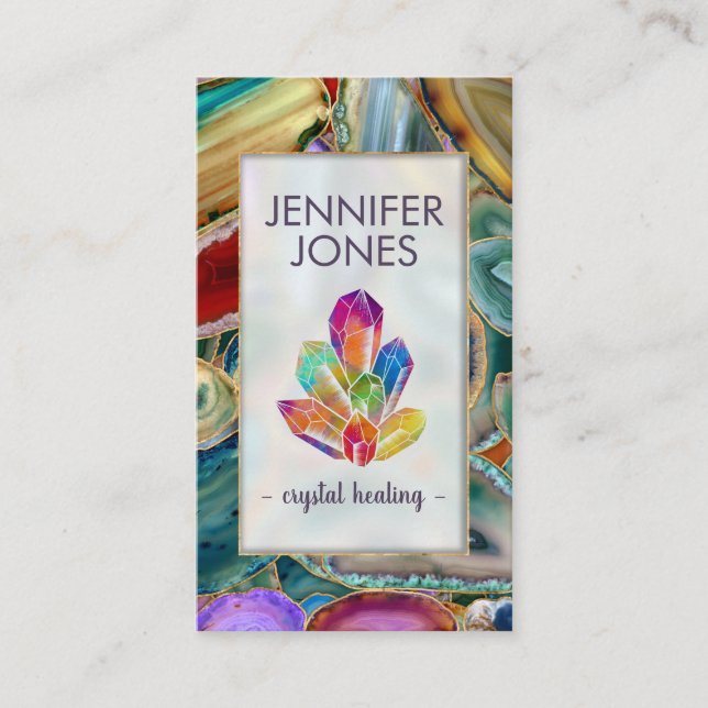 Healing Crystals Cluster on Colourful Geodes Busin Business Card (Front)