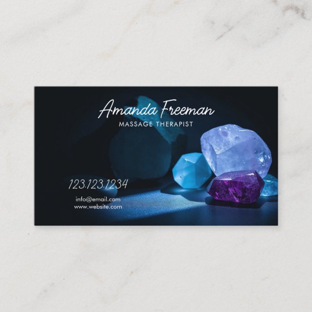 Healing Crystals in Blue Light Massage Therapy Business Card (Front)
