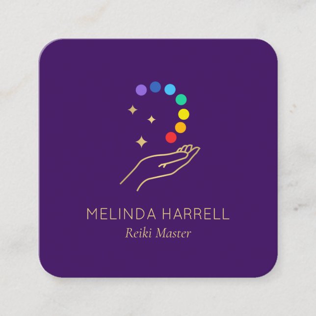 Healing Hand Logo Reiki, Massage Bright Purple Square Business Card (Front)