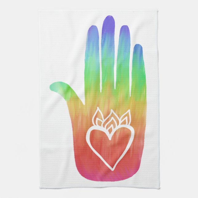 Healing Hands Hamsa Hearts Palm Rainbow Tea Towel (Vertical)