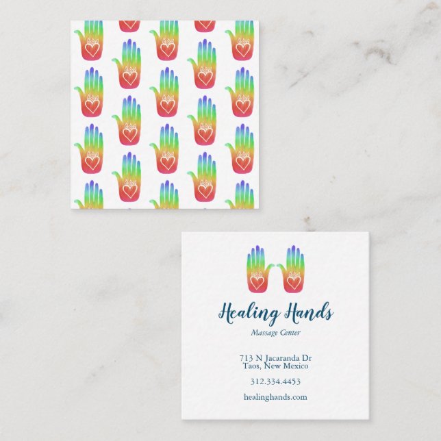 Healing Hands Hearts Hamsa Rainbow Pattern Square Business Card (Front/Back)