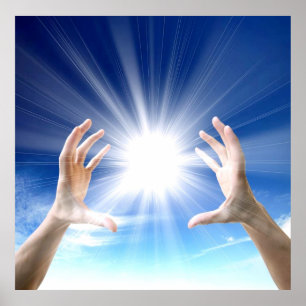 Healing hands on blue background, reiki, chakra poster