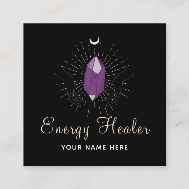Healing Hands &Purple Diamond Modern Elegant Black Square Business Card (Front)