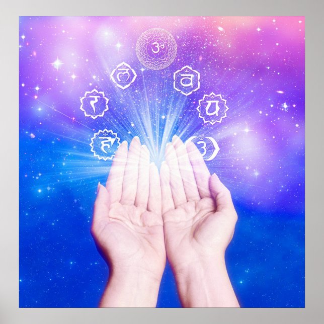 Healing hands seven chakras symbol blue background poster (Front)