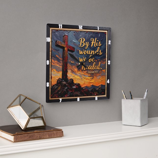 Healing Power: Isaiah 53:5 Square Wall Clock (Office)