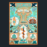 Healing symbols poster art nouveau deco painting<br><div class="desc">An art nouveau fine art poster print featuring ancient pagan healing symbols such as Caduceus, and the Rod of Asclepius. An educational poster chart in a turquoise, orange, peach, and gold colour scheme. This wall décor is inspired by Alphonse Mucha and other antique art. This was originally hand painted in...</div>