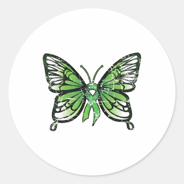 Health Awareness Green Ribbon Butterfly  Classic Round Sticker (Front)