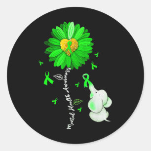 Health Awareness Sunflower Green Ribbon Elephant  Classic Round Sticker