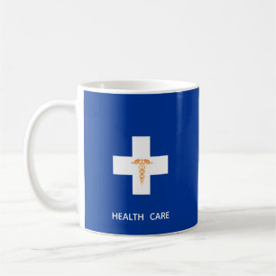 Health Care White Cross, Golden Caduceus on Blue Coffee Mug