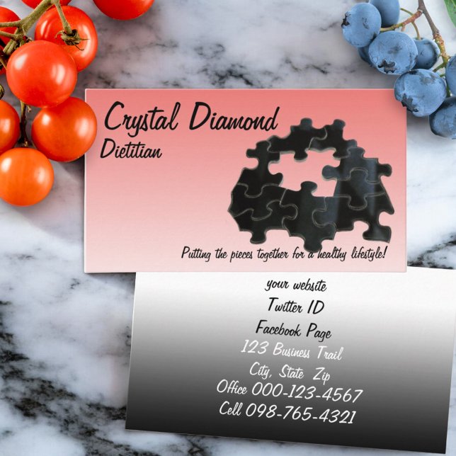 Health Concept Puzzle Piece Coral Ombre Template Business Card (front and back designed business card)