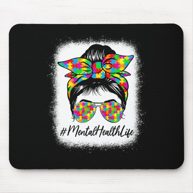 Health Messy Bun Women Supporting Autism Awareness Mouse Mat (Front)
