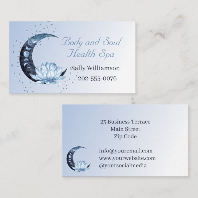 Health Spa Blue Lotus Flower Moon  Business Card (Front/Back)