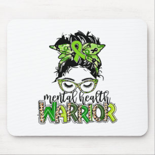 Health Warrior Messy Bun Hair Leopard Green Ribbon Mouse Mat