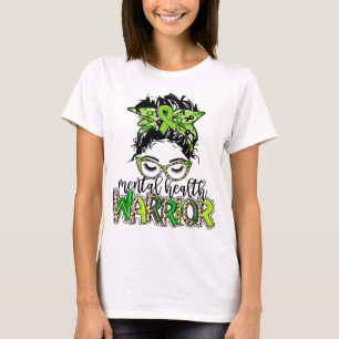 Health Warrior Messy Bun Hair Leopard Green Ribbon T-Shirt